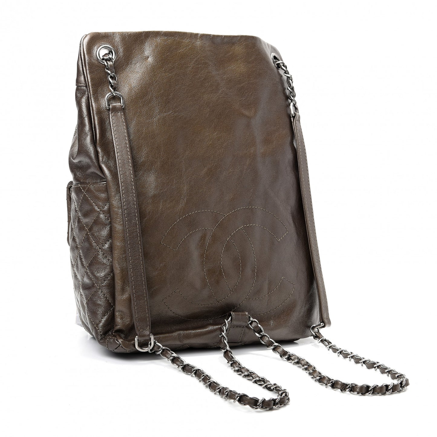 Metallic Lambskin Quilted Drawstring Backpack Brown