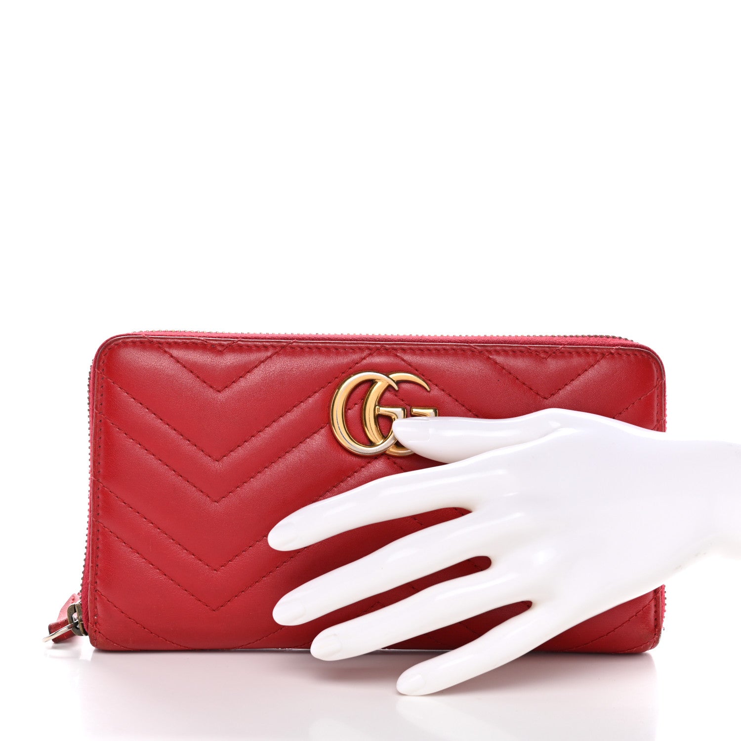 Gucci Calfskin Matelasse GG Marmont Zip Around Wallet Hibiscus Red