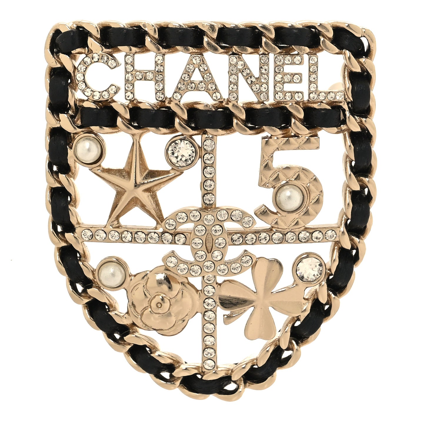 Lambskin Pearl Strass Sergeant Chanel Shield Brooch Gold