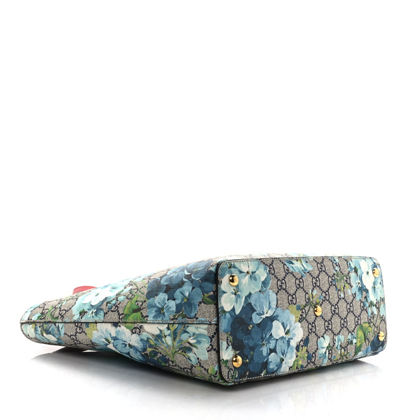 GG Supreme Monogram Blooms Medium Zippered Bucket Tote Beige Blue Navy Hibiscus Red