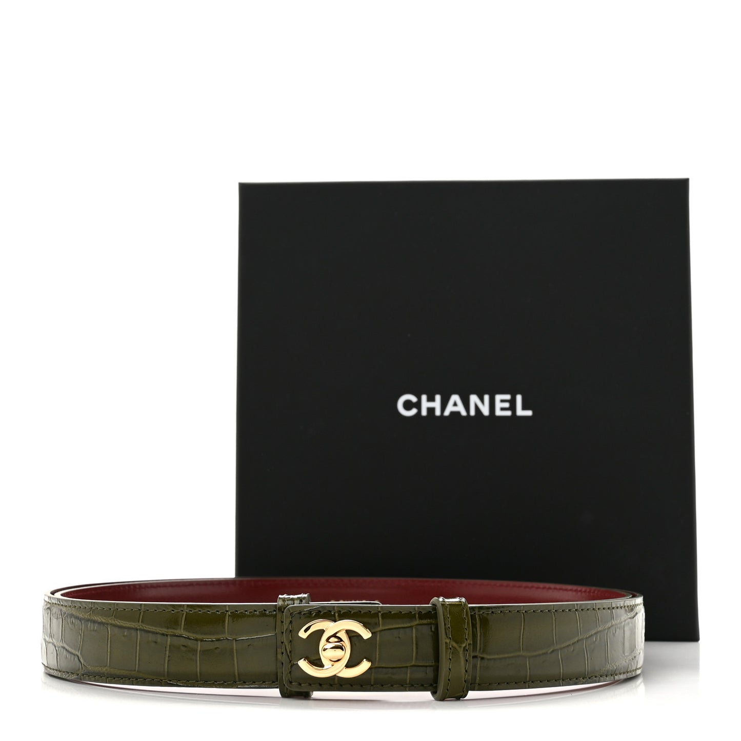Crocodile Embossed Calfskin Belt  Khaki