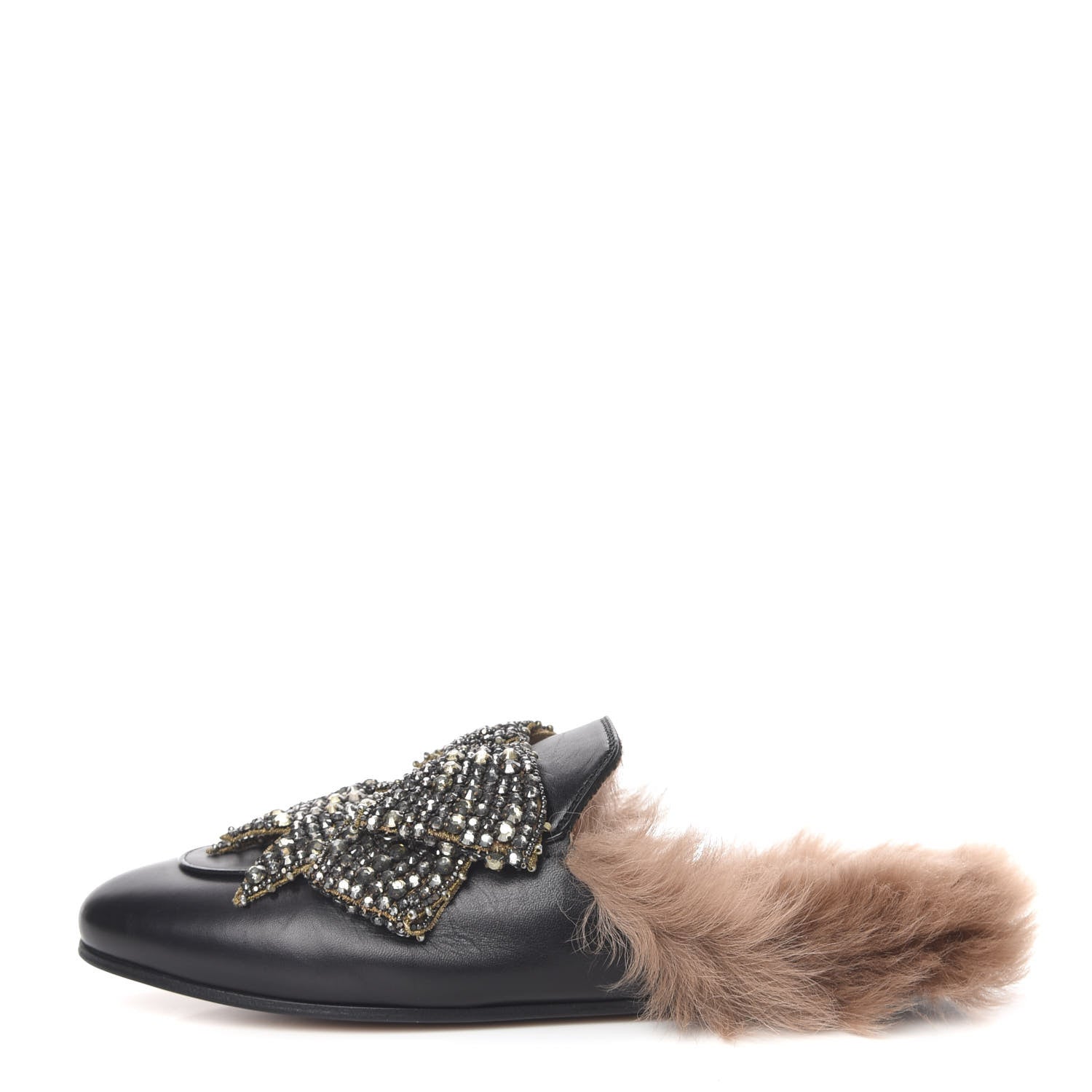 Gucci Malaga Kid Fur Crystal Bow Embroidered Womens Princetown Slippers 39.5 Black 1 of 10