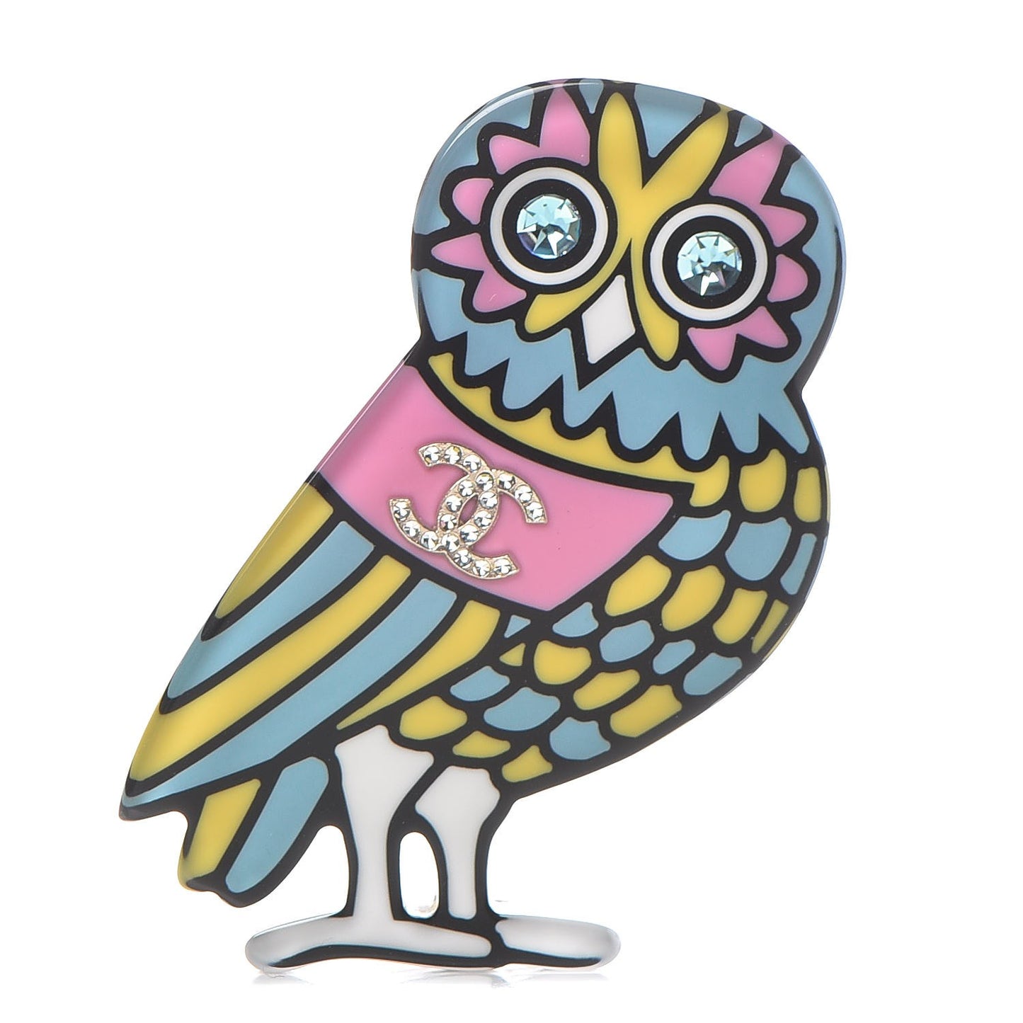Resin Crystal Owl CC Brooch Blue Yellow Golden