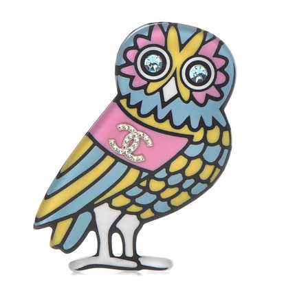 Chanel Resin Crystal Owl CC Brooch Blue Yellow Golden 1 of 5