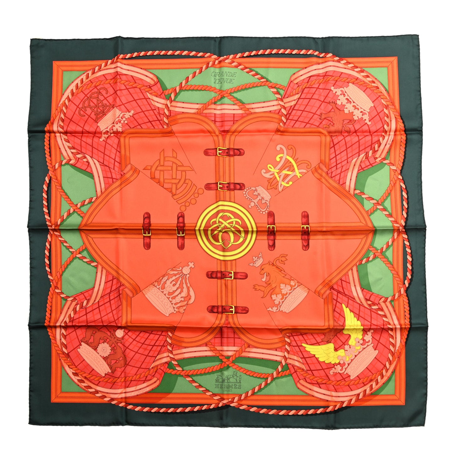 Silk Grande Tenue Scarf 90 Vert Sapin Orange Brique