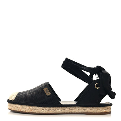 Fendi Canvas FF Embroidered Roma Ankle Wrap Flat Espadrilles 37.5 Black 1 of 8