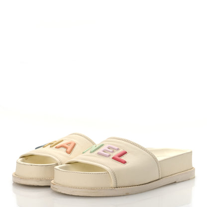 Chanel Lambskin Cha-Nel Mule Sandals 38 Ivory Multicolor 4 of 16