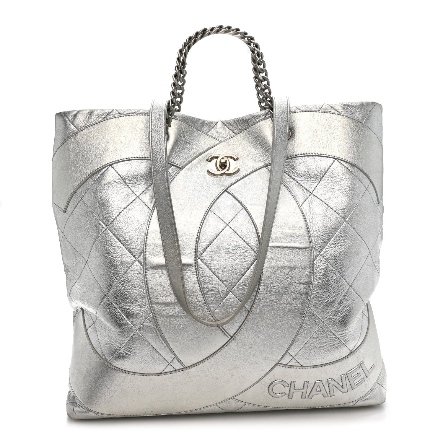 Chanel Metallic Calfskin Stitched CC Club Monaco Tote Silver 1 of 12