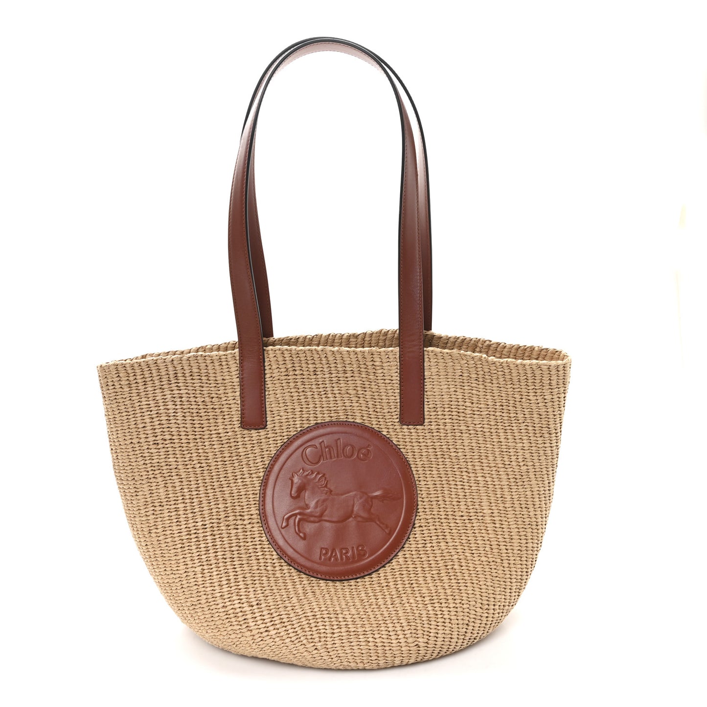 Raffia Calfskin Horse Medal Large Basket Tote Sepia Brown