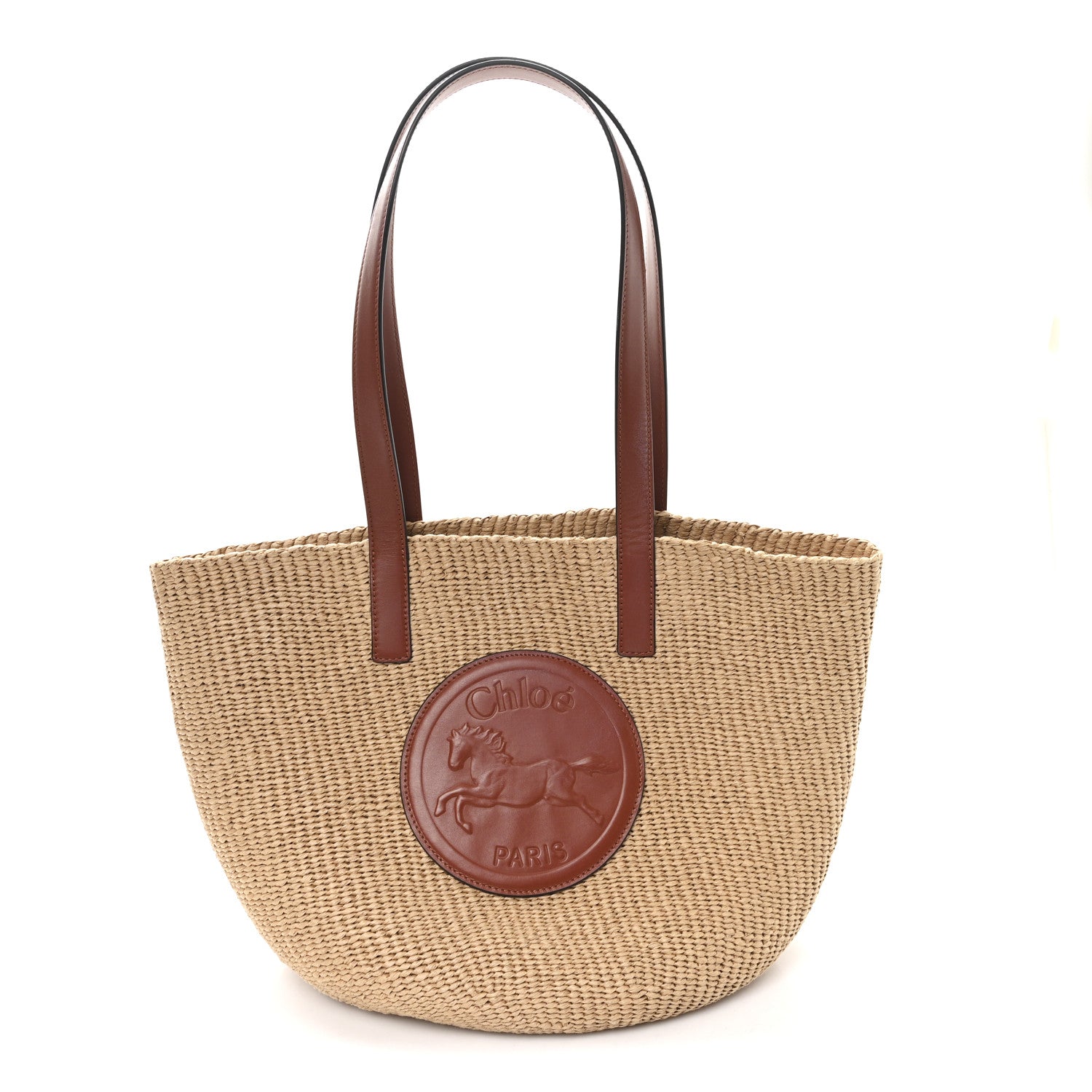 Chloe Raffia Calfskin Horse Medal Large Basket Tote Sepia Brown 1 of 9