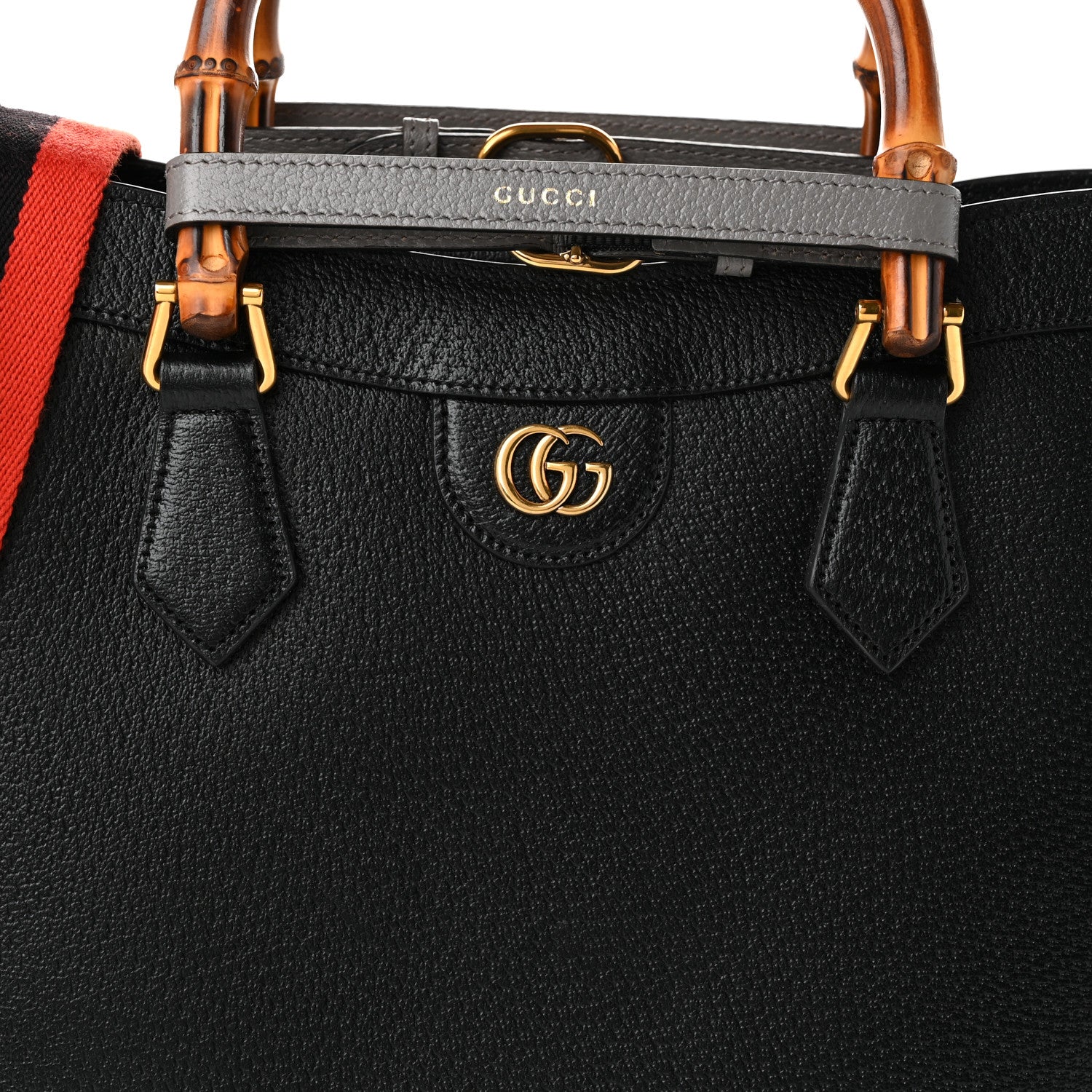 Gucci Textured Dollar Calfskin Web Medium Diana Tote Bag Black Dusty Grey 8 of 10