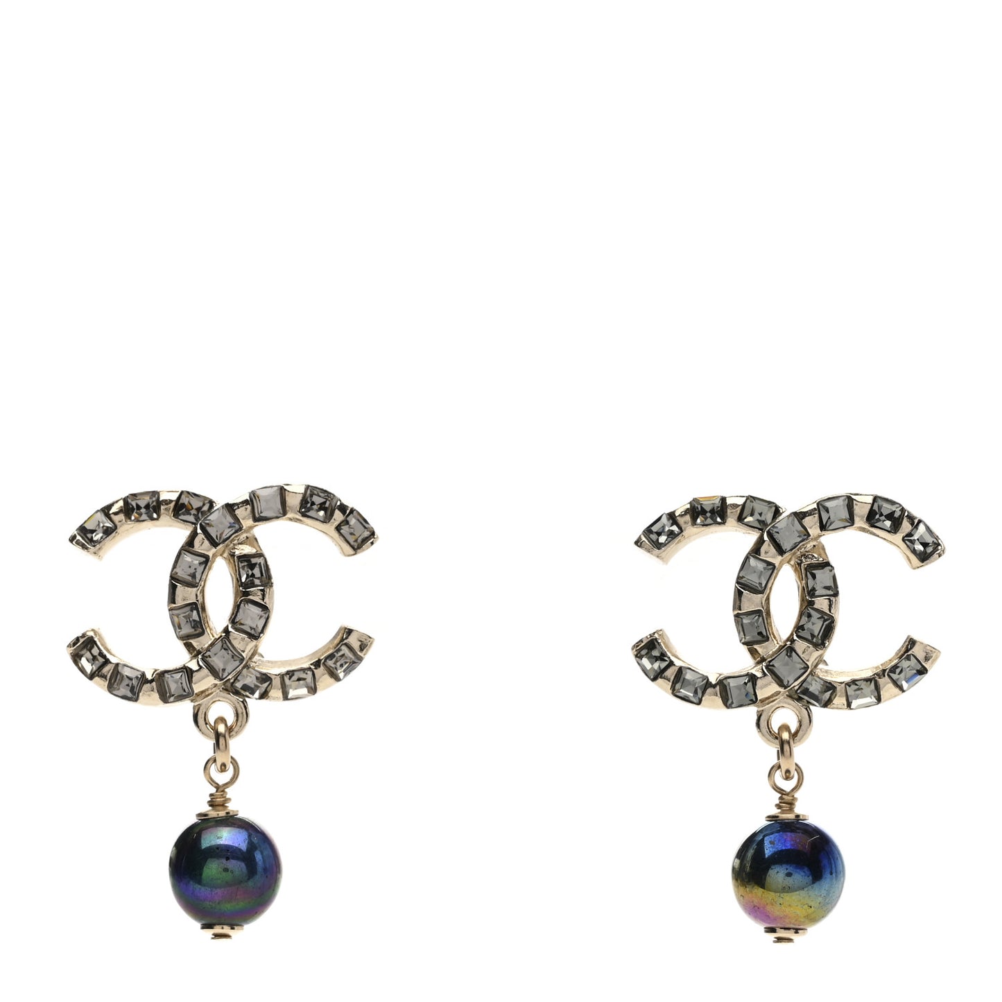 Metal Pearl Crystal CC Drop Earrings Gold Purple Gray