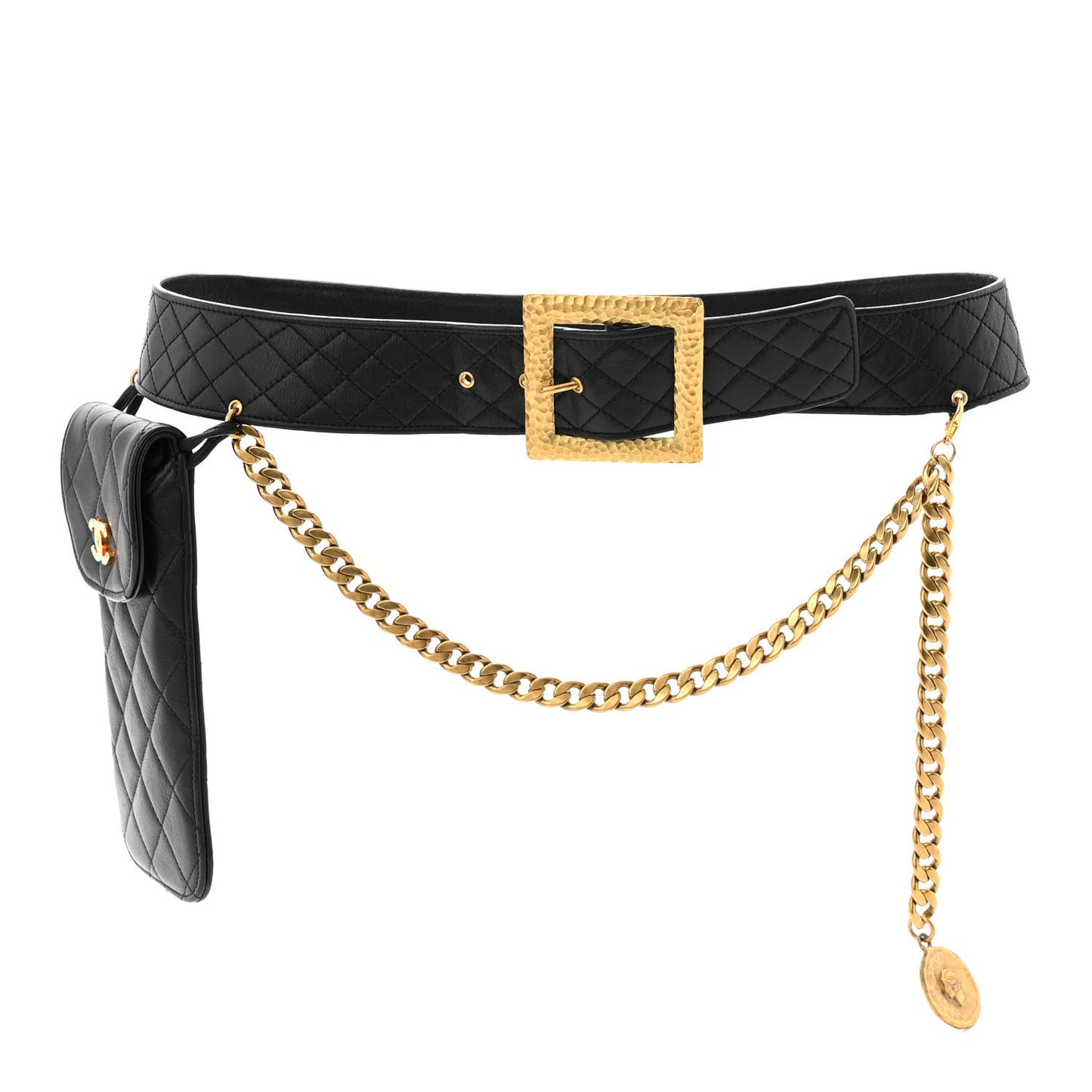 Calfskin Quilted Flap Chain Waist Belt Bag 75 30 Black