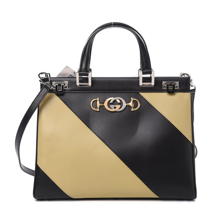 Gucci Smooth Calfskin Diagonal Striped Medium Zumi Top Handle Bag Black Beige 1 of 10