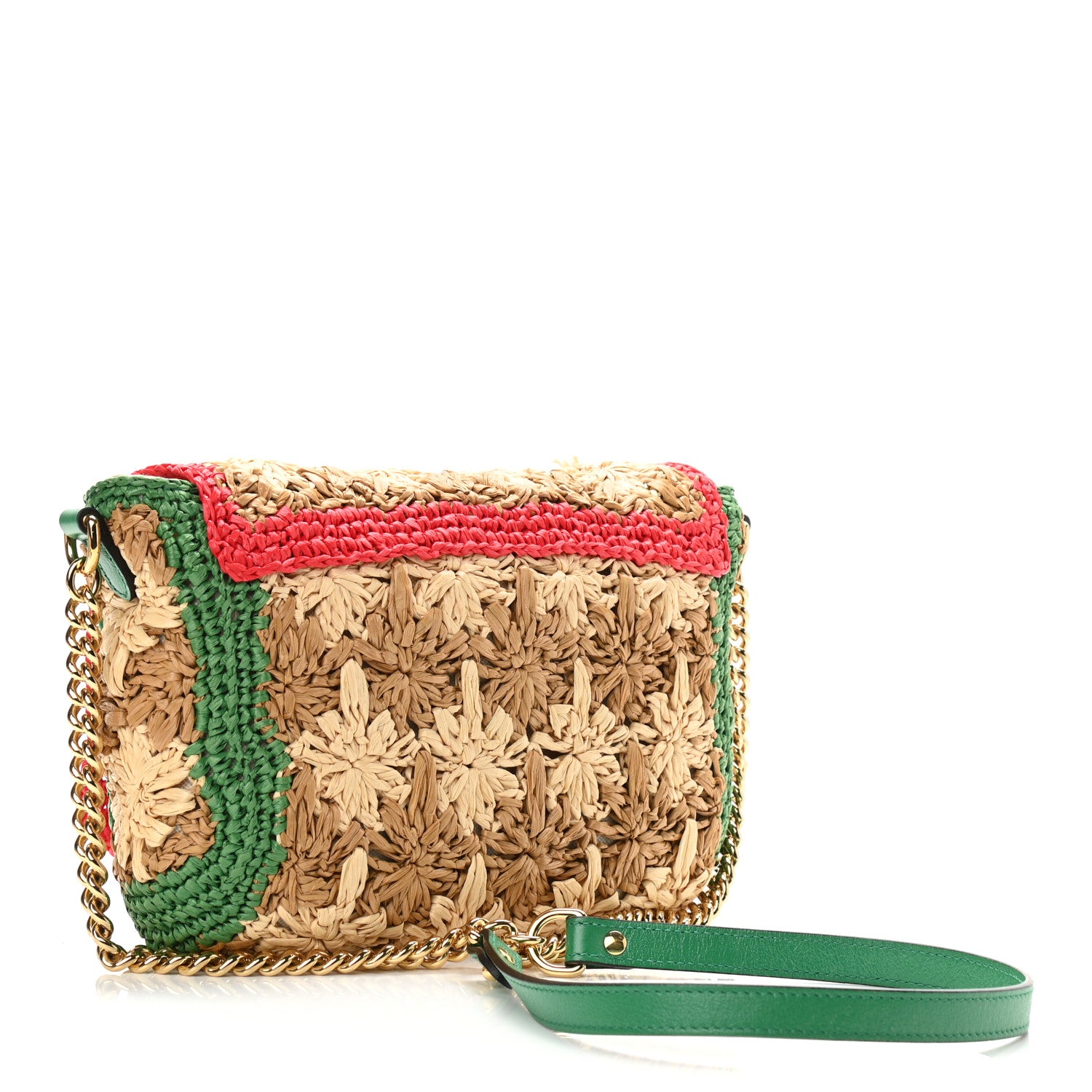 Gucci Raffia Azalea Calfskin Crochet Flower Small GG Marmont Shoulder Bag Natural Ecru Green Red New Shamarock 3 of 11