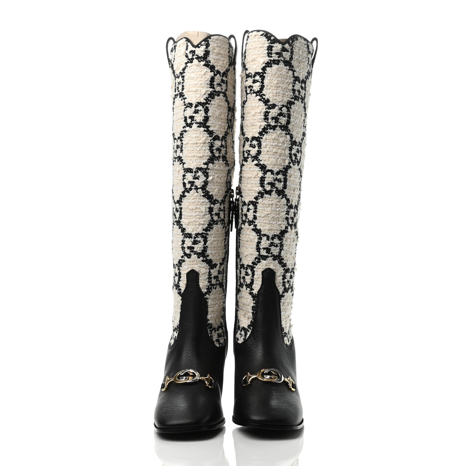 Gucci Tweed GG Monogram Wrinkled Kid Zumi Knee Boots 38.5 Natural Black 2 of 4