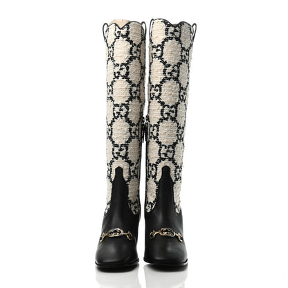 Gucci Tweed GG Monogram Wrinkled Kid Zumi Knee Boots 38.5 Natural Black 2 of 4