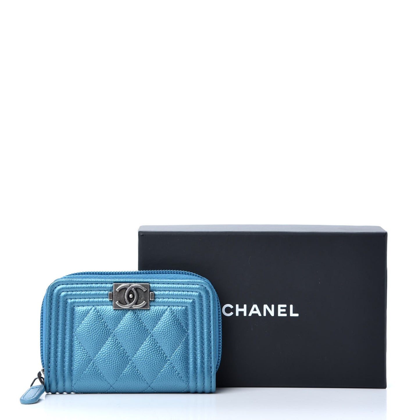 Metallic Caviar Quilted Boy Zip Around Coin Purse Wallet Turquoise