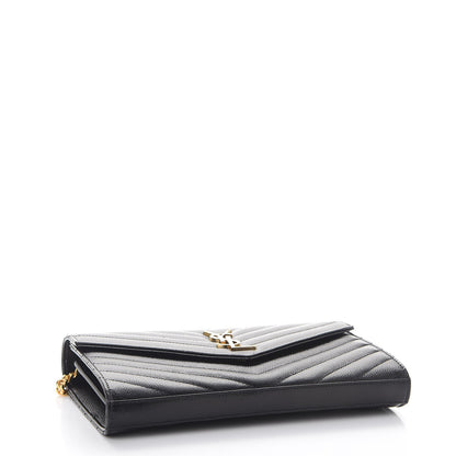 Saint Laurent Grain De Poudre Matelasse Chevron Monogram Chain Wallet Black 4 of 9
