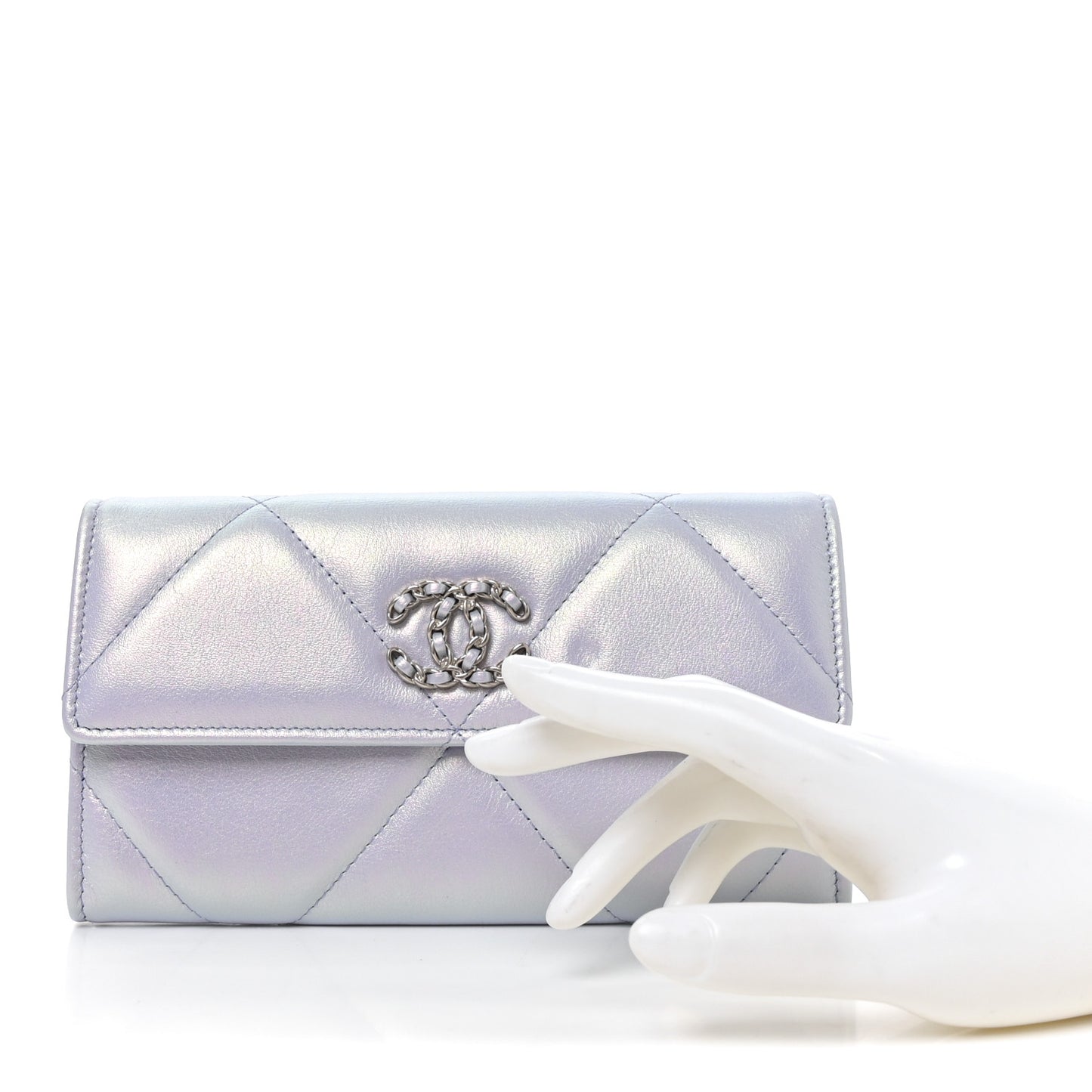 Iridescent Calfskin Quilted Chanel 19 Flap Wallet Light Purple