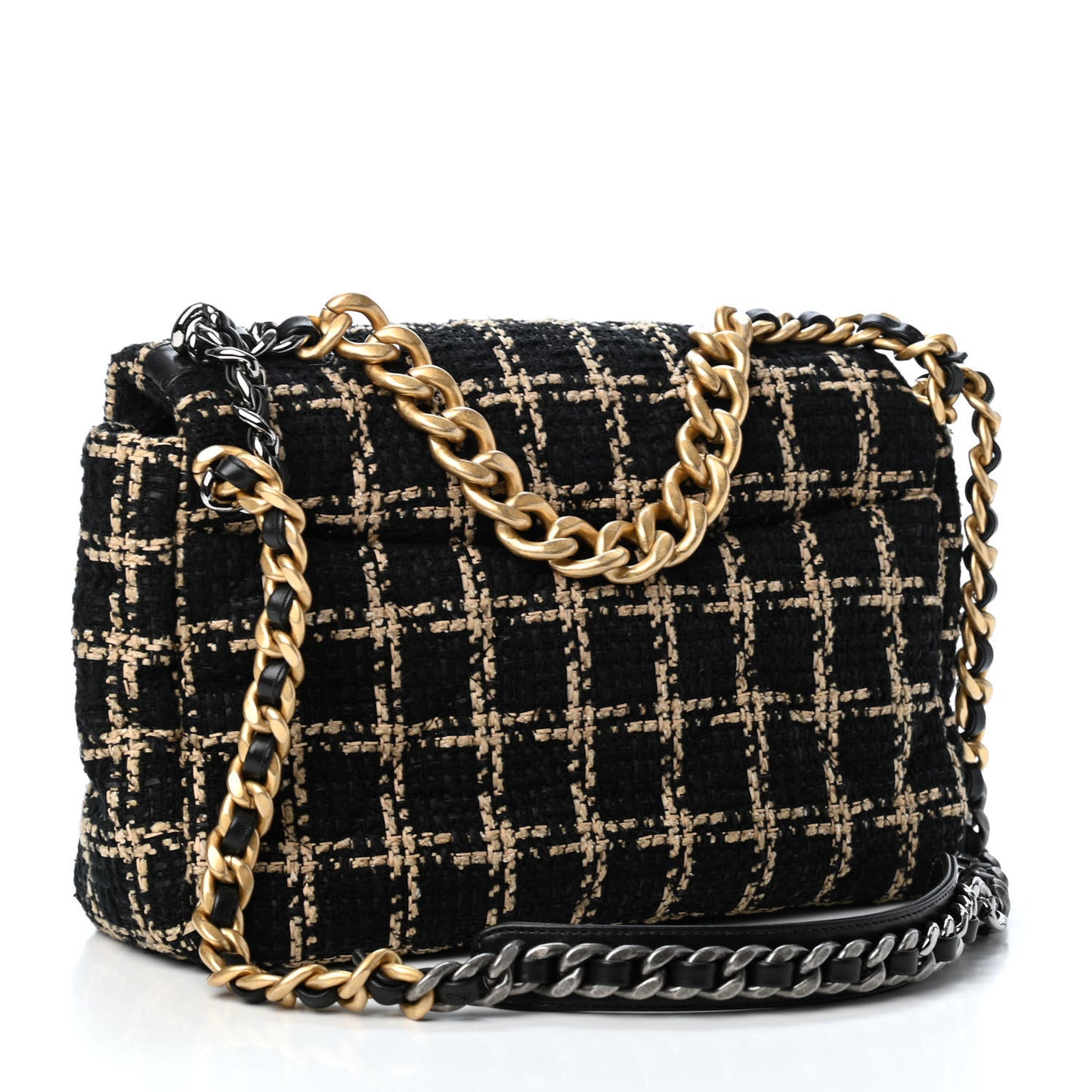 Tweed Quilted Large Chanel 19 Flap Black Beige