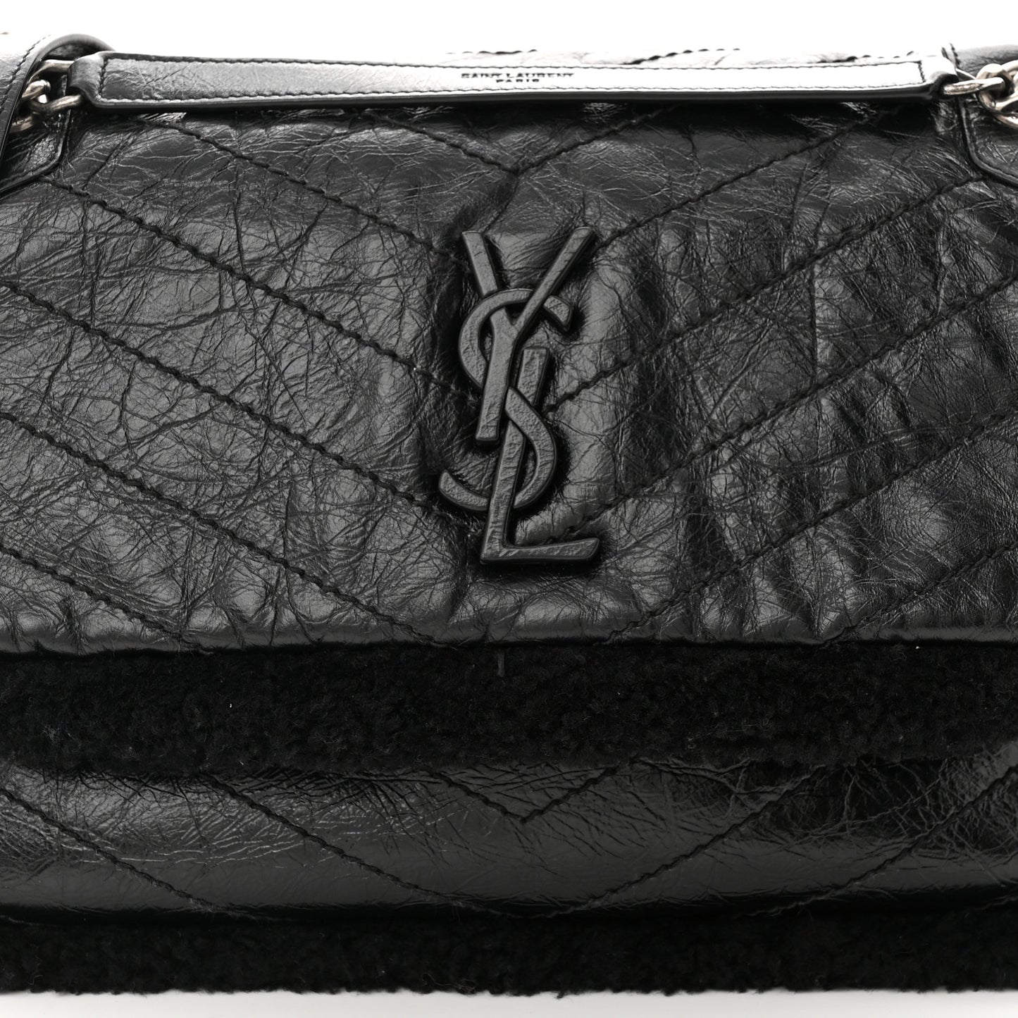 Crinkled Calfskin Shearling Monogram Medium Niki Chain Satchel Black