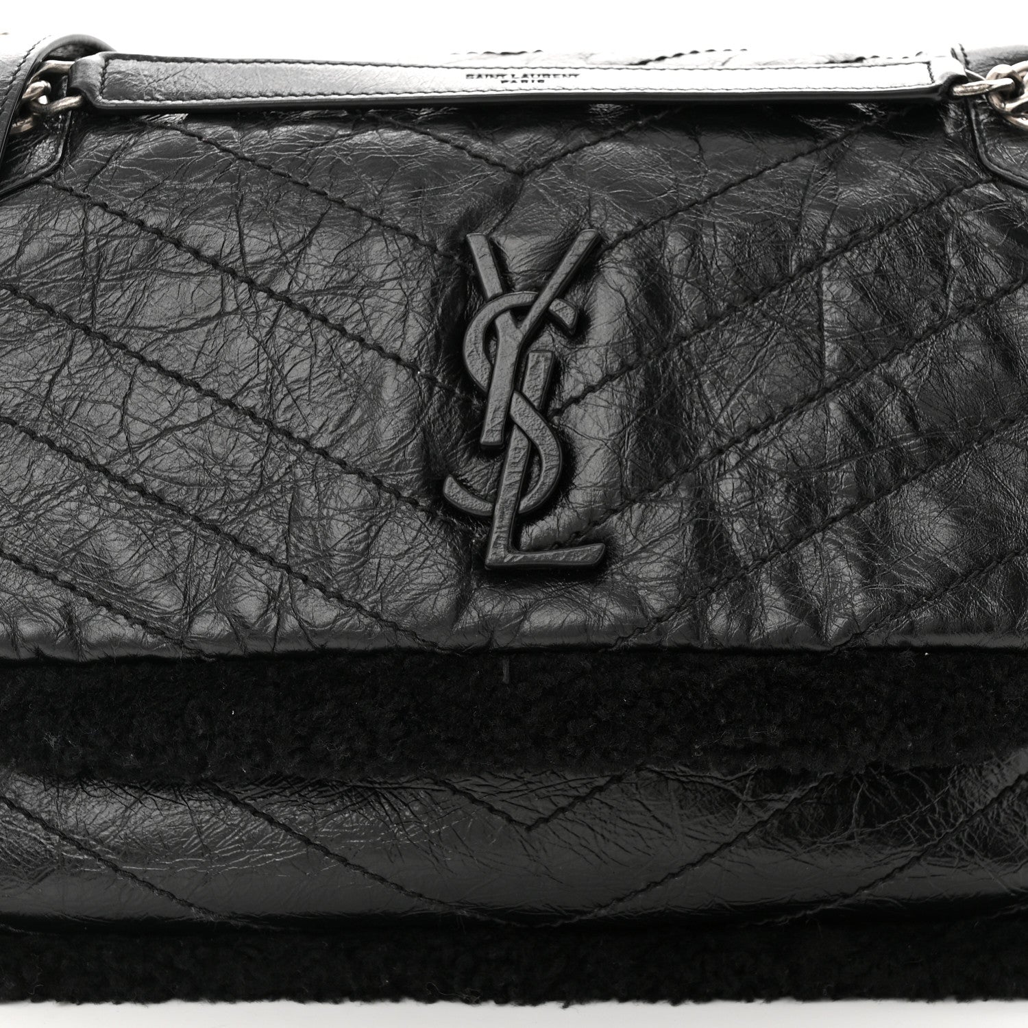 Saint Laurent Crinkled Calfskin Shearling Monogram Medium Niki Chain Satchel Black 8 of 11