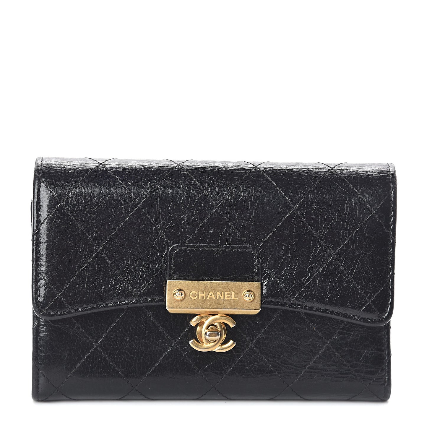 Goatskin Stitched Small Golden CC Flap Wallet Black