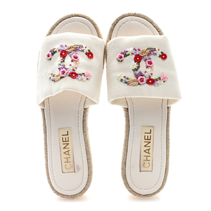 Chanel Canvas Embroidered CC Floral Espadrille Slip On Sandals 40 White Multicolor 2 of 8