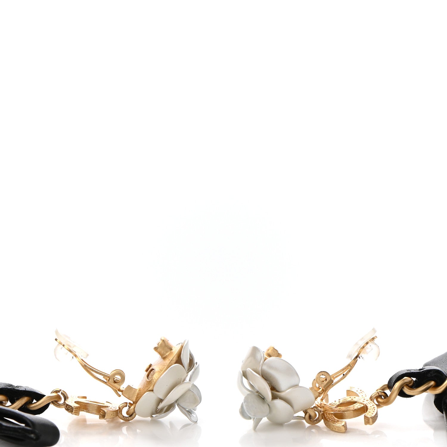 Chanel Calfskin Metal Pearl 90’s Camellia CC Drop Earrings Gold Black 3 of 4