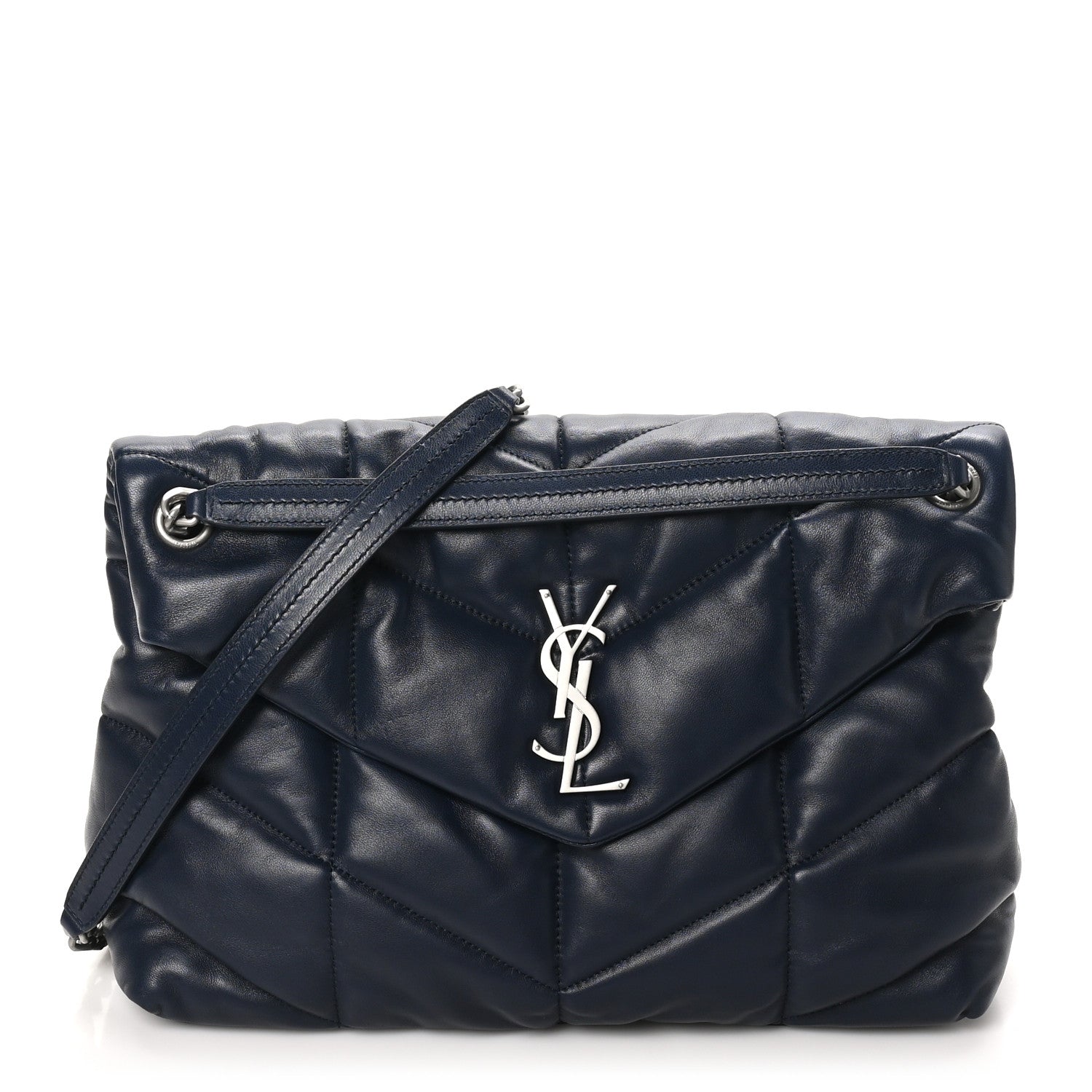 Saint Laurent Lambskin Quilted Medium Loulou Puffer Monogram Chain Satchel Deep Marine 1 of 10