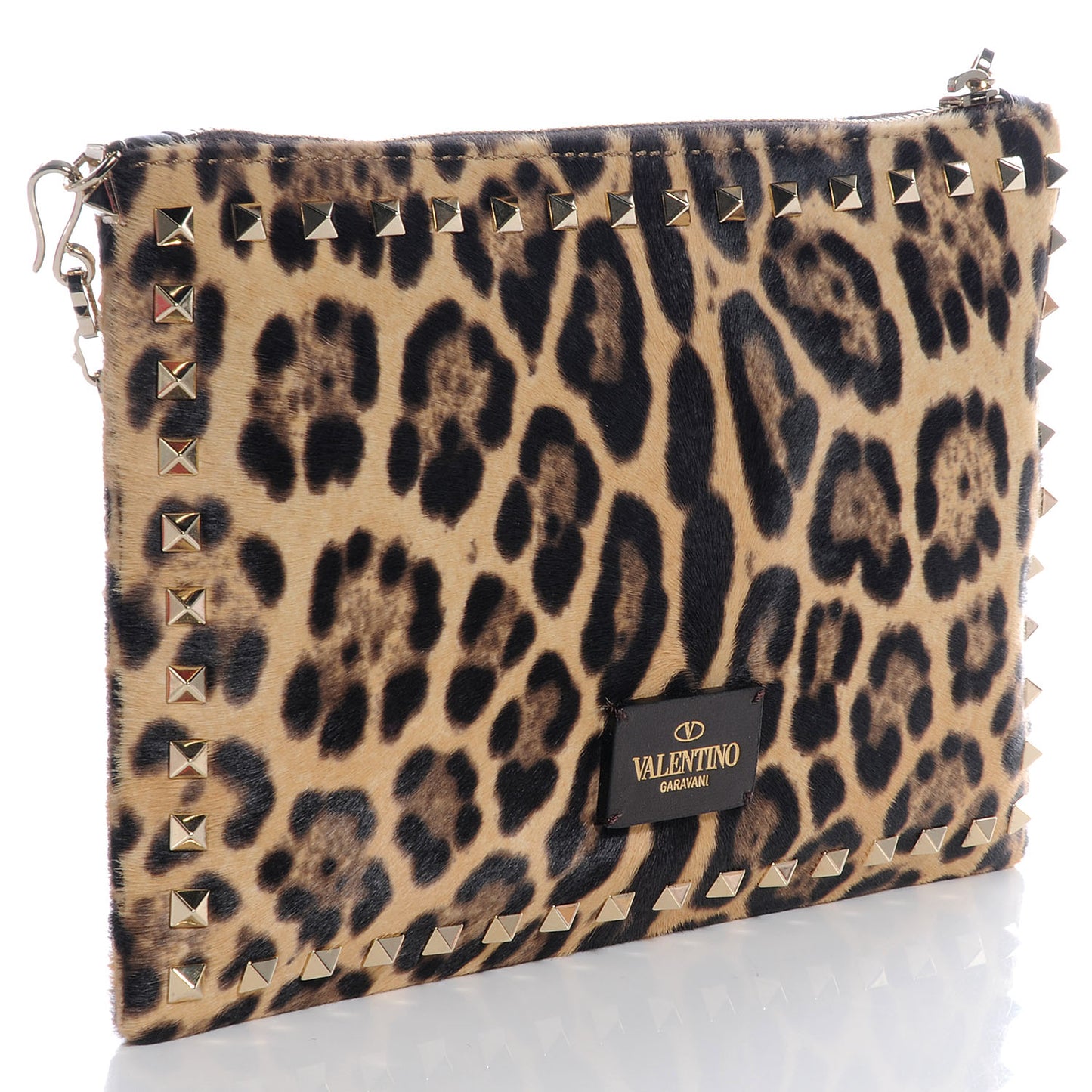 Calf Hair Leopard Print Rockstud Zip Chain Pouch Leopard