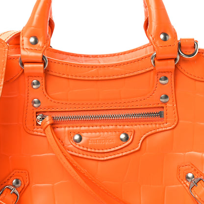 Balenciaga Semi Shiny Calfskin Crocodile Embossed Neo Classic Silver Hardware Mini City Orange 8 of 11