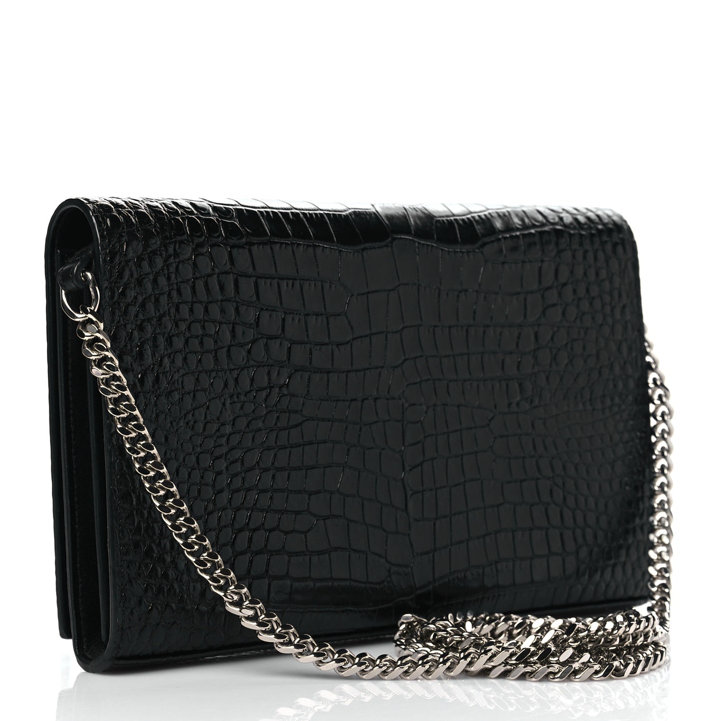 Calfskin Crocodile Embossed Monogram Chain Wallet Black