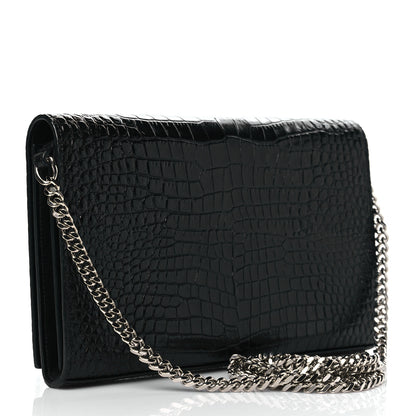 Saint Laurent Calfskin Crocodile Embossed Monogram Chain Wallet Black 3 of 10