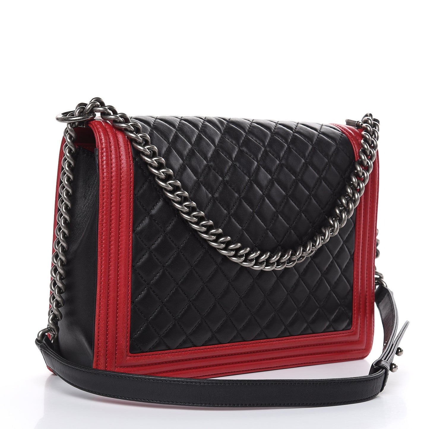 Lambskin Quilted Large Boy Flap Black Red
