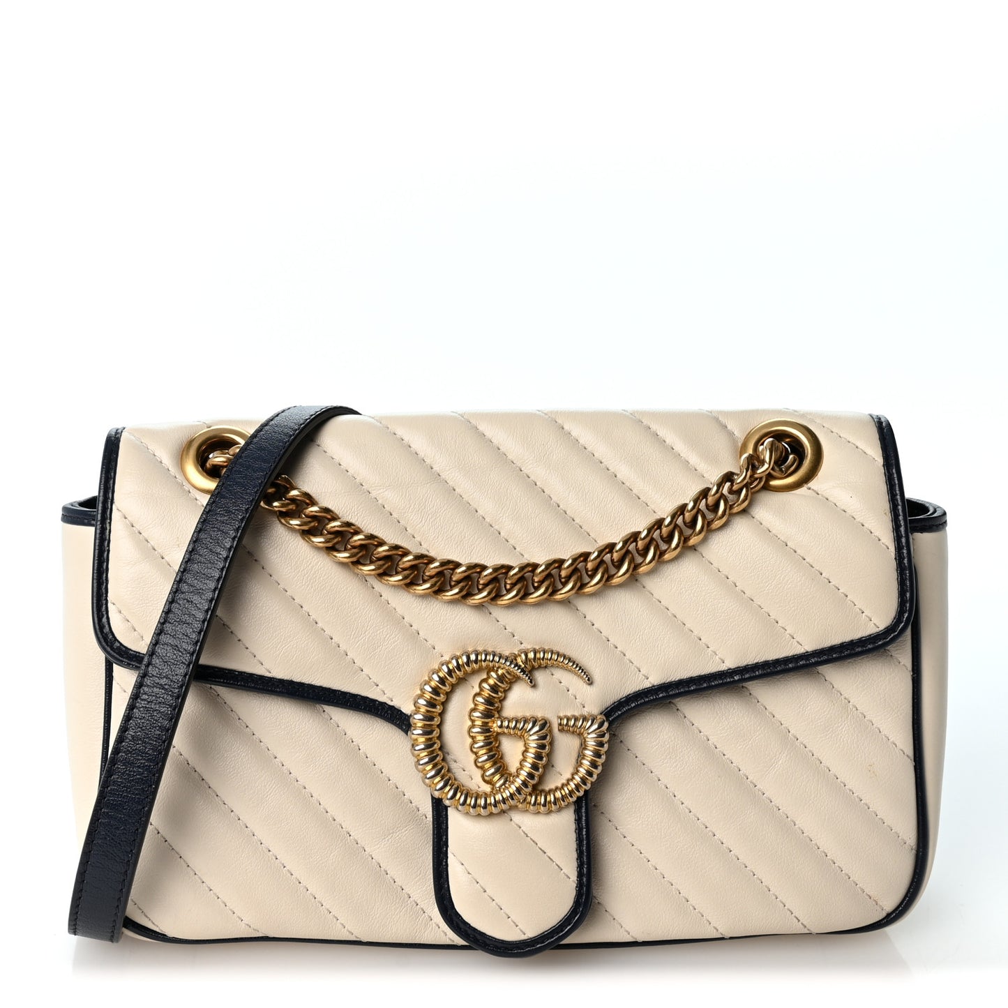 Vintage Effect Calfskin Matelasse Diagonal Small Torchon GG Marmont Shoulder Bag Mystic White Blue Agata
