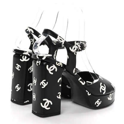 Chanel Printed Lambskin Coco Beach Platform Sandals 37 Black White 4 of 10