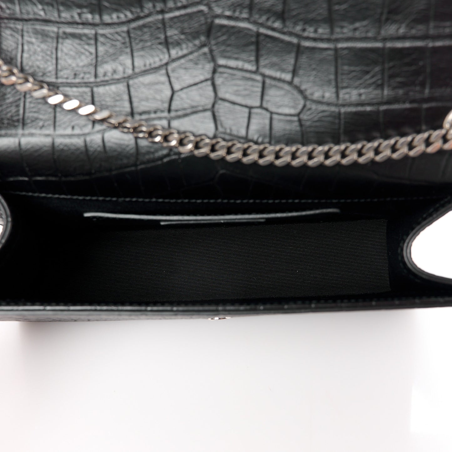 Calfskin Crocodile Embossed Medium Classic Monogram Kate Tassel Satchel Black