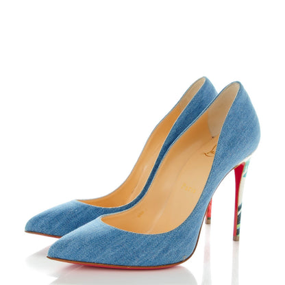 Christian Louboutin Denim Crackled Calfskin Hawaiian Print Pigalle Follies 100 Pumps 37.5 Blue White 3 of 8