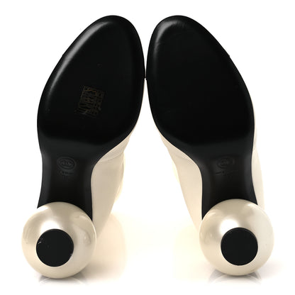 Chanel Stretch Lambskin Patent Cap Toe Pearl Ball Mid Calf Boots 39 White Black 7 of 12