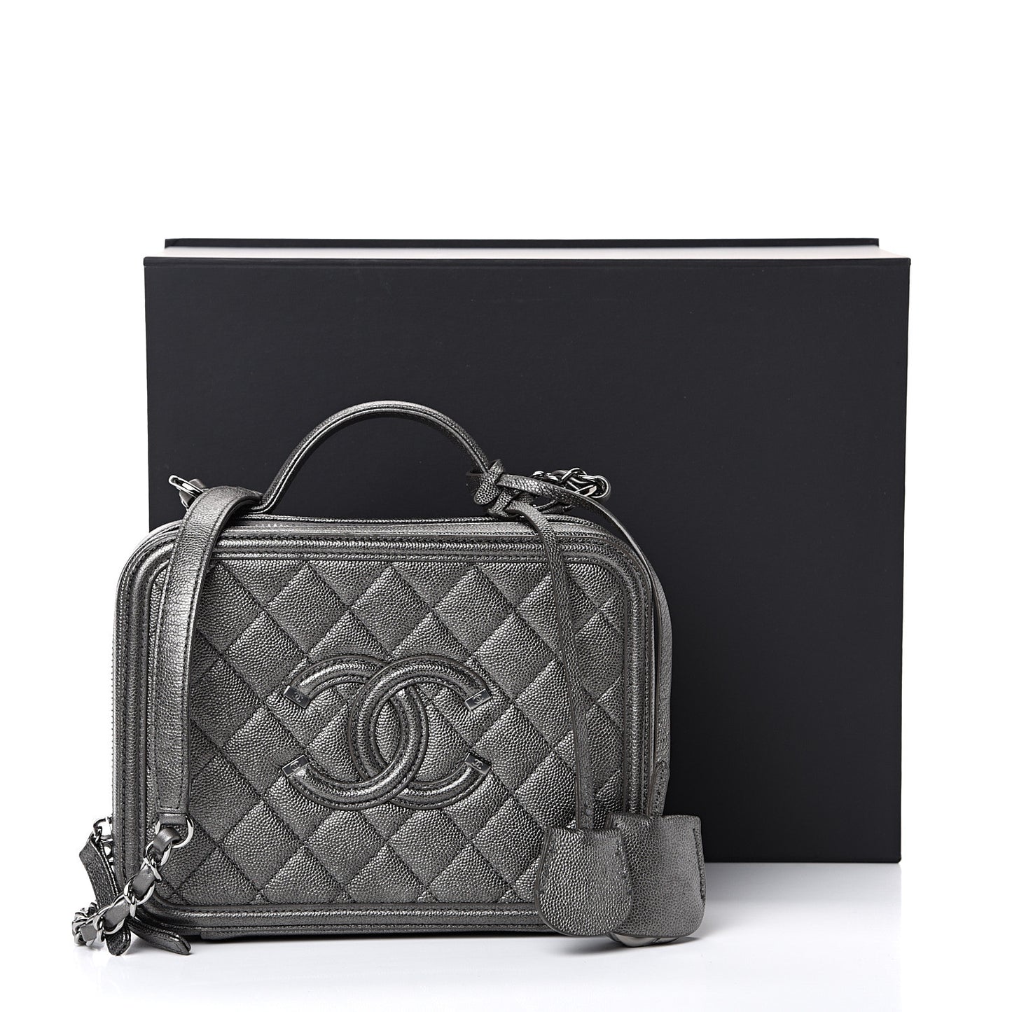 Metallic Caviar Quilted Medium CC Filigree Vanity Case Dark Silver