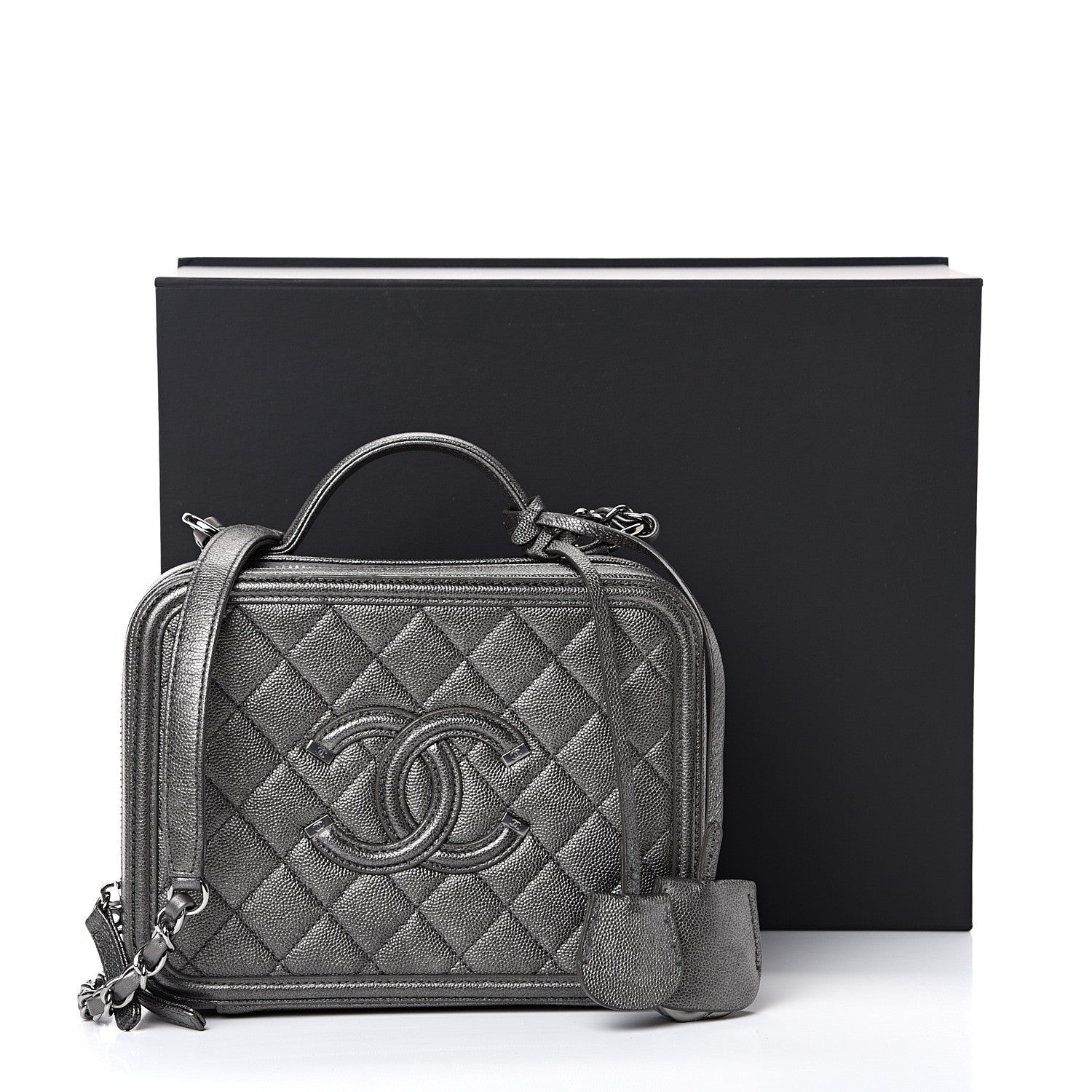 Chanel Metallic Caviar Quilted Medium CC Filigree Vanity Case Dark Silver 11 of 11