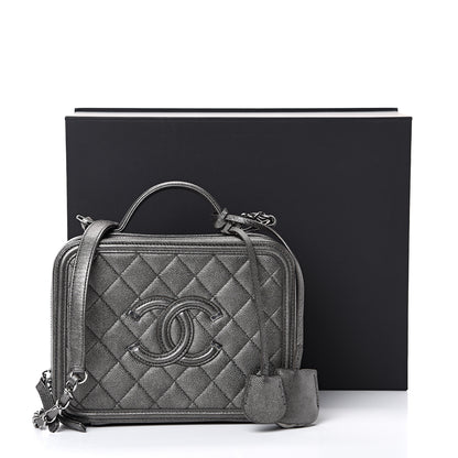 Chanel Metallic Caviar Quilted Medium CC Filigree Vanity Case Dark Silver 11 of 11