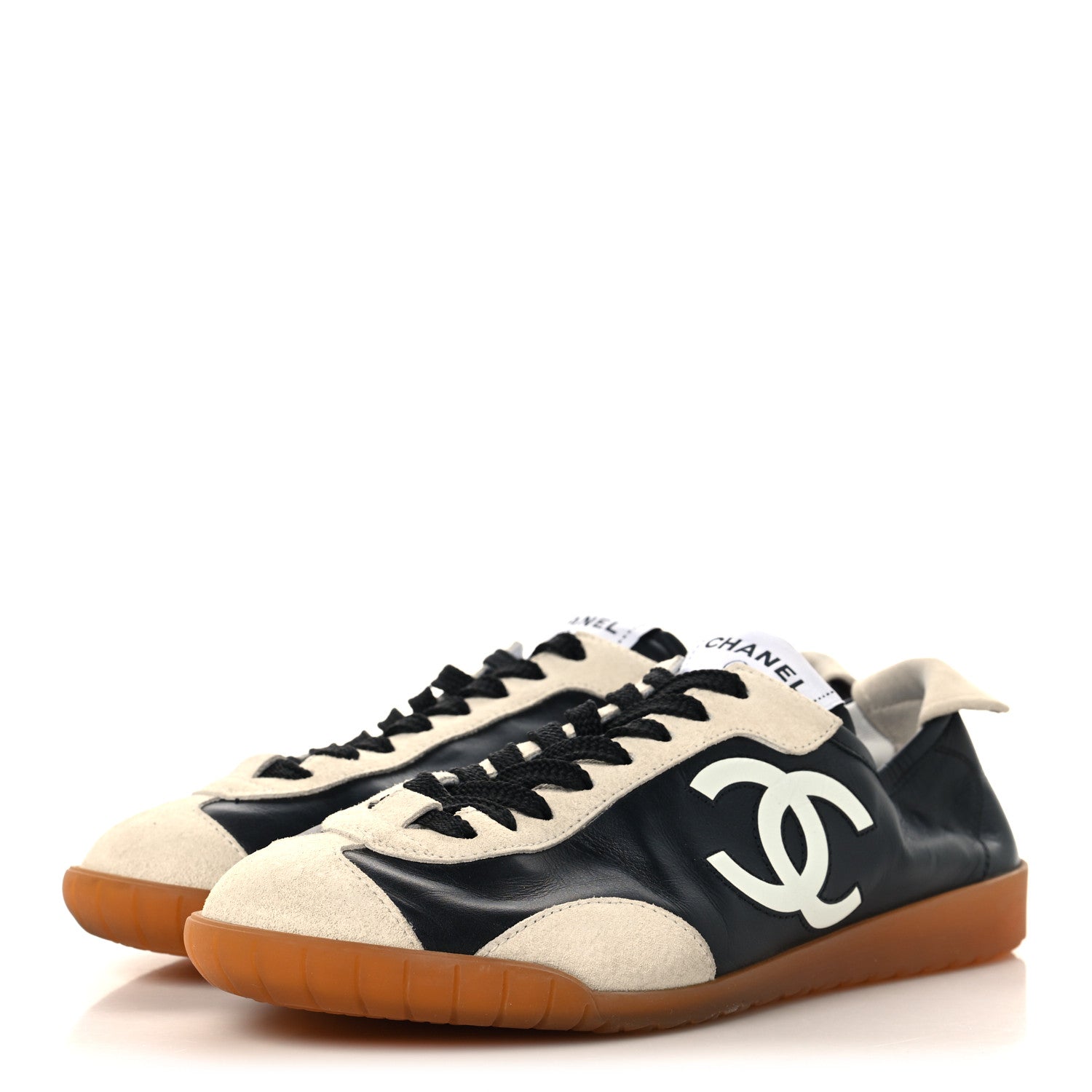 Chanel Calfskin Embossed Suede Womens CC Sneakers 37 Black White