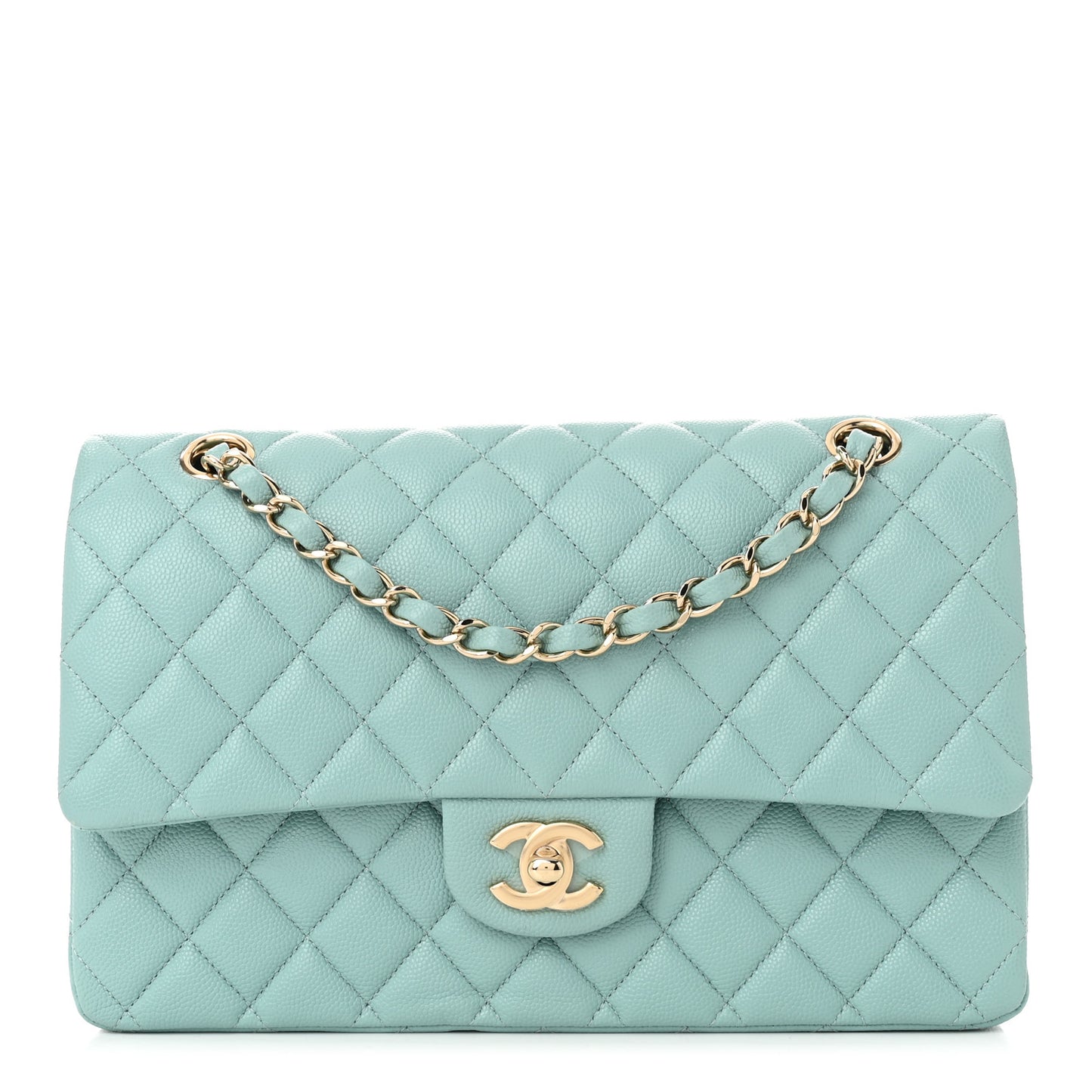 Caviar Quilted Medium Double Flap Light Blue