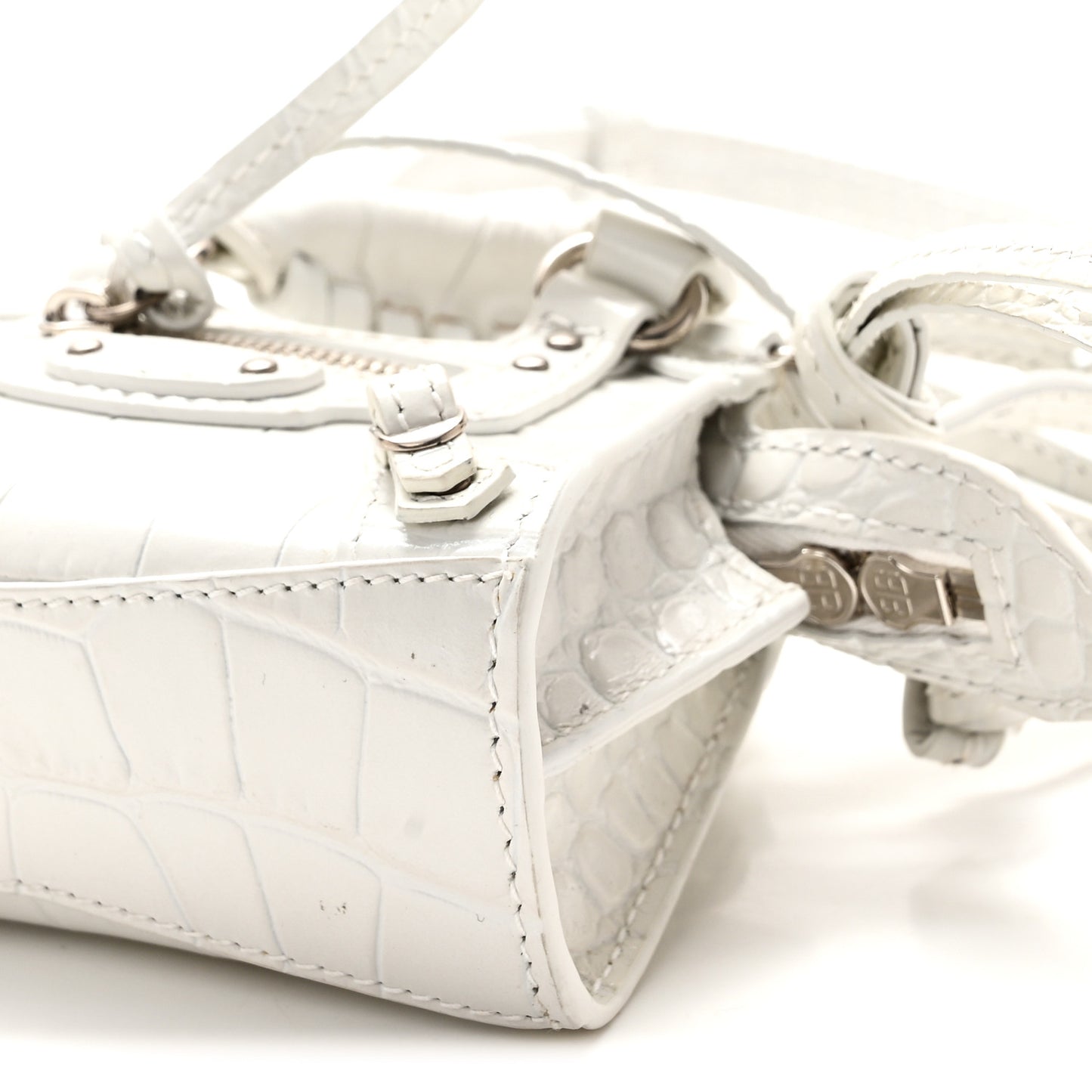 Extra Supple Calfskin Crocodile Embossed Neo Classic Silver Hardware Super Nano City Crossbody  White