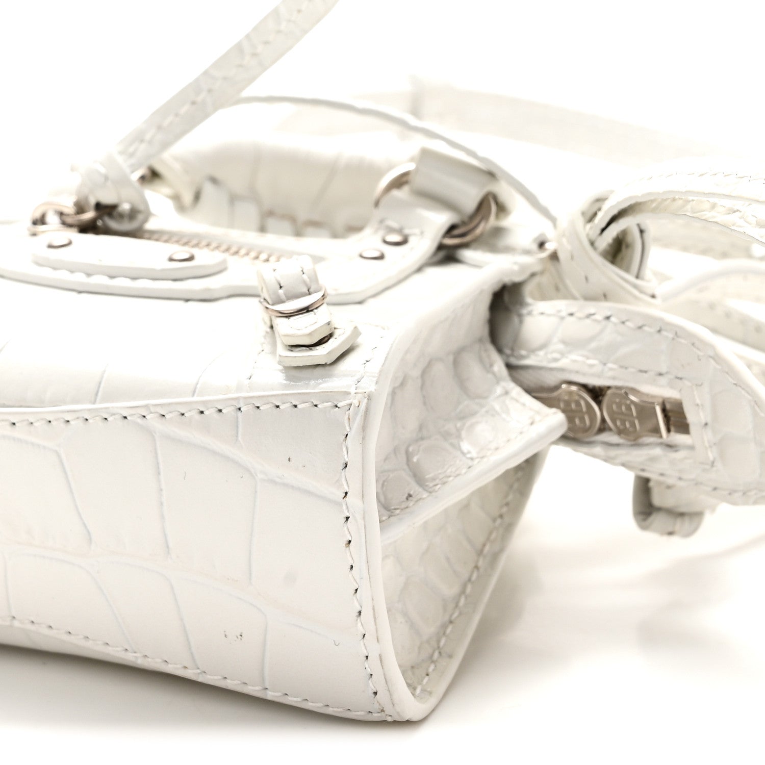 Balenciaga Extra Supple Calfskin Crocodile Embossed Neo Classic Silver Hardware Super Nano City Crossbody  White 10 of 10