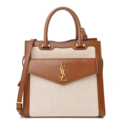 Saint Laurent Canvas Calfskin Small Uptown Tote Brown 1 of 12