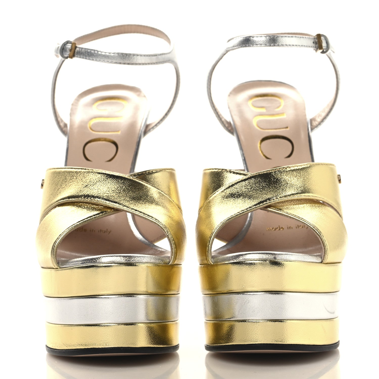 Gucci Metallic Nappa Double G 40/135mm Platform Sandals 35.5 Gold Silver 3 of 11